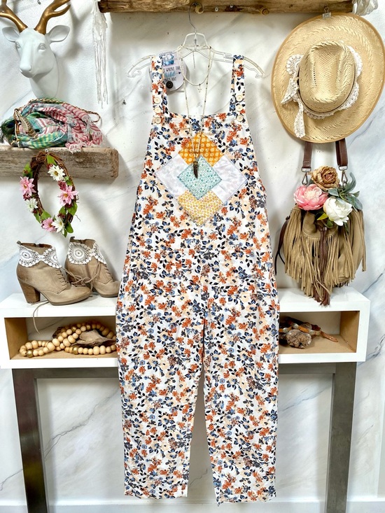 Pants - Artisan Upcycled patchwork boho floral overalls w prairie cottagecore vibe
